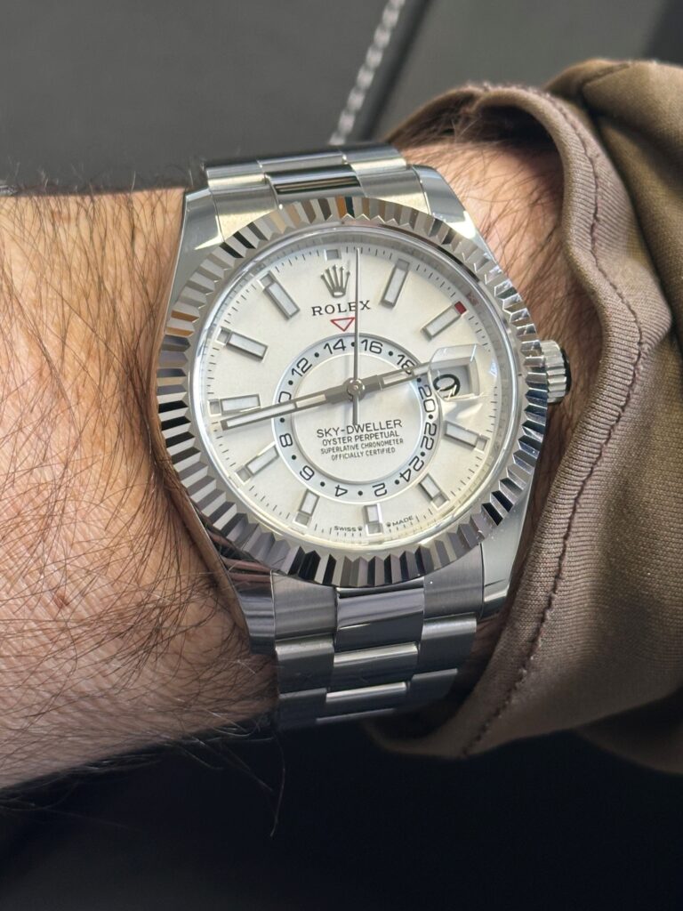White Dial Sky Dweller on the wrist