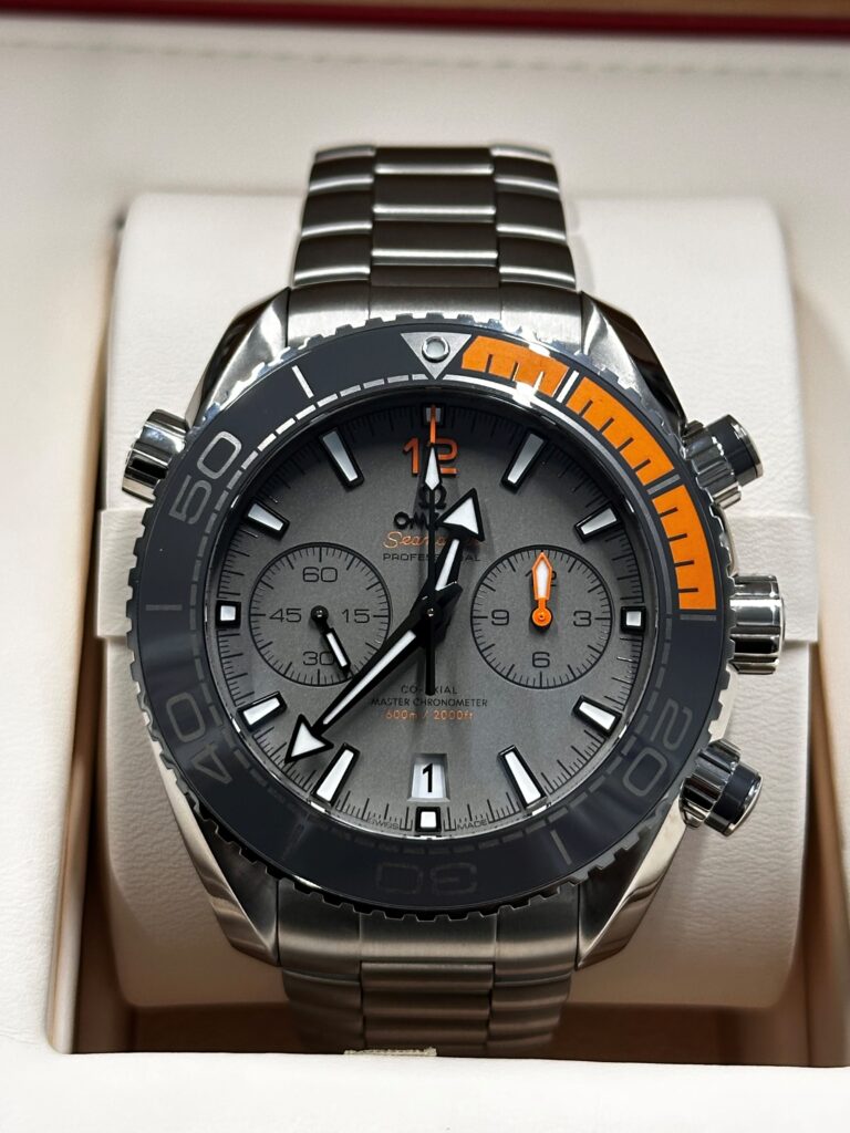 Omega watch Titanium close up of Orange and Grey Dial
