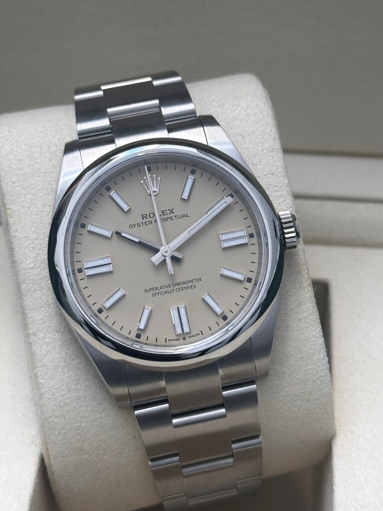 Front view of Rolex Oyster Perpetual beige dial