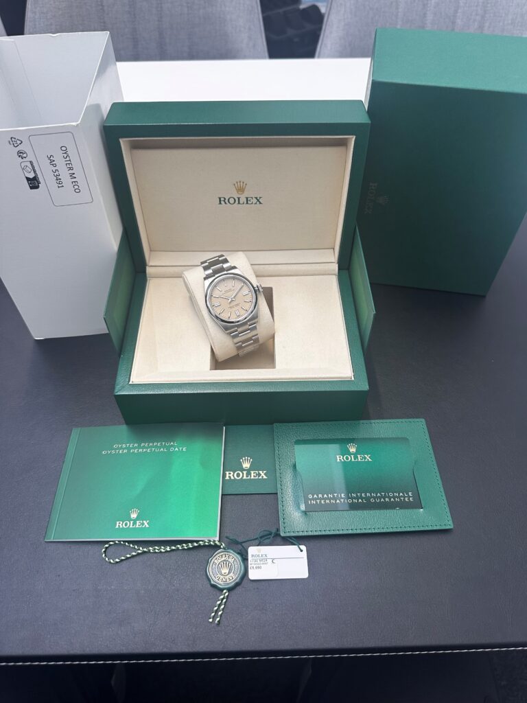 Rolex Oyster Perpetual Beige dial full set image of box and papers