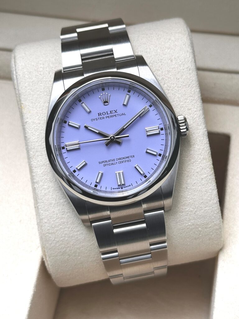 Front view of Rolex Oyster Perpetual Lavender dial