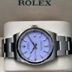 Close up of Rolex Oyster Perpetual in Rolex box with Lavender dial