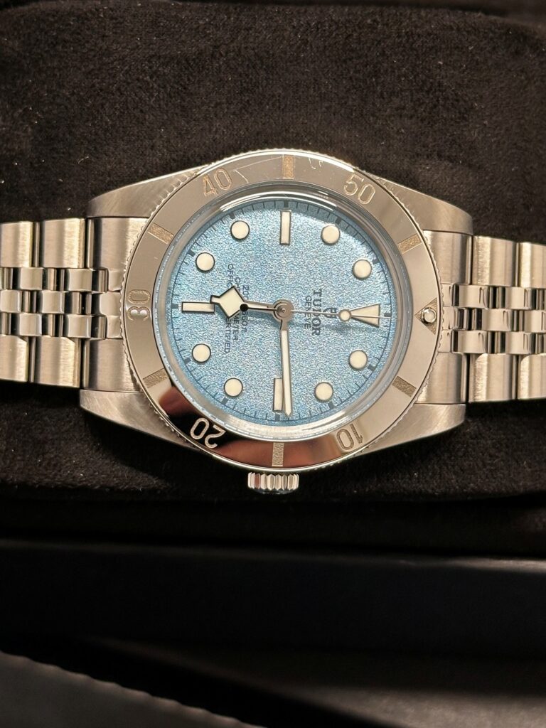 Tudor Black Bay Blue dial close up in box