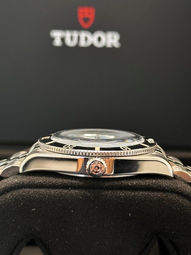 Tudor Black Bay Blue dial close up of crown