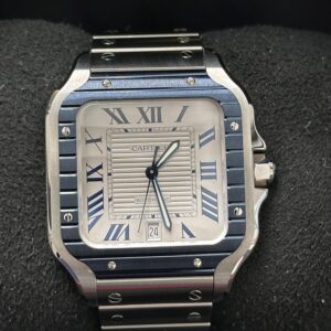 Cartier Santos silver dial close up applied hour markers