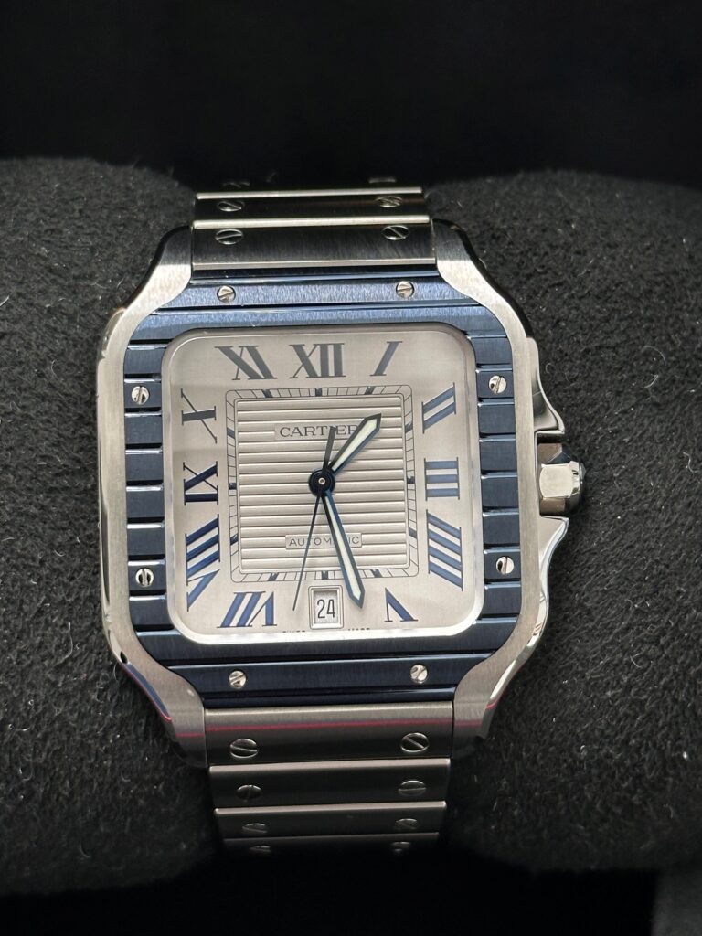 Cartier Santos silver dial close up applied hour markers