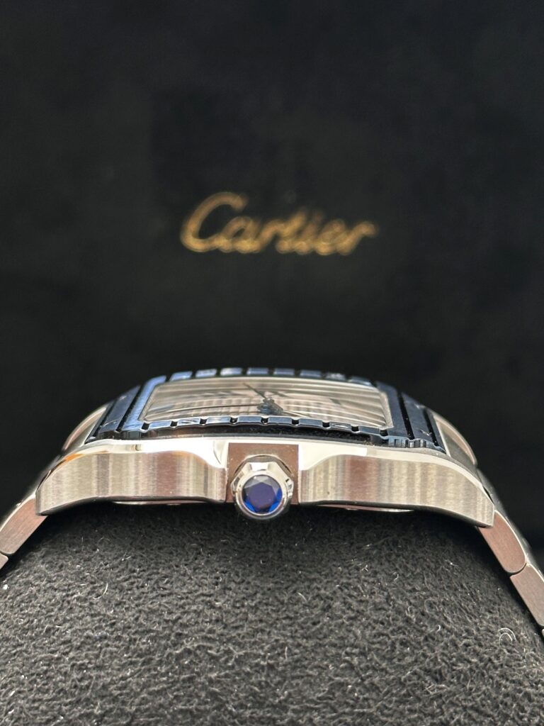 Cartier Santos case side and crown detail stainless steel