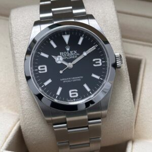 Rolex Explorer brushed steel finish detail