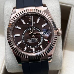 Rolex Sky Dweller Everose gold chocolate dial front view