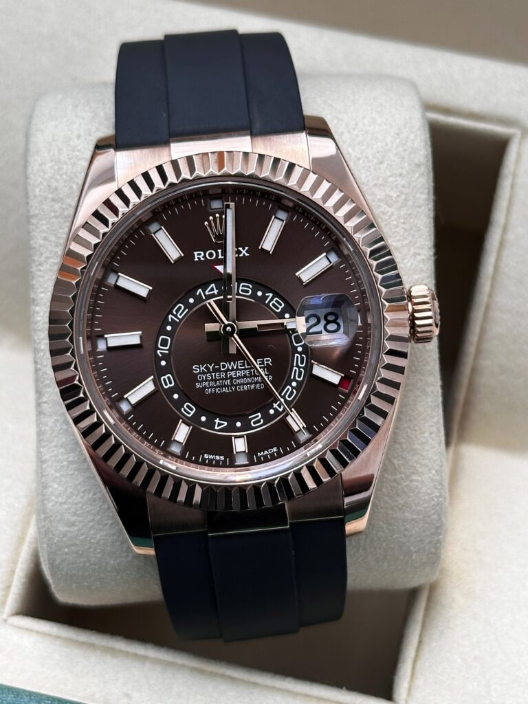 Rolex Sky Dweller Everose gold chocolate dial front view