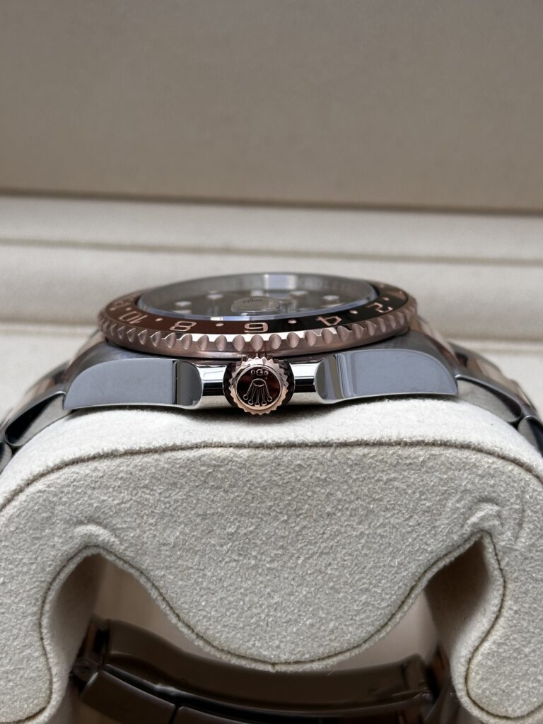 Crown detail of Rolex GMT Master II Rootbeer