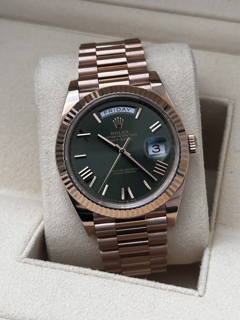 Rolex Day-Date Olive Green Men's Rose Gold Bracelet Watch - 228235